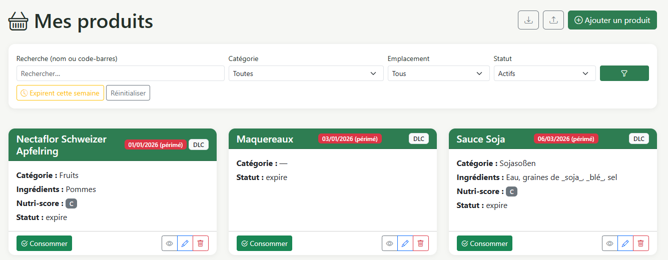 Liste des produits avec recherche, filtres, dates de péremption et badges DLC/DDM