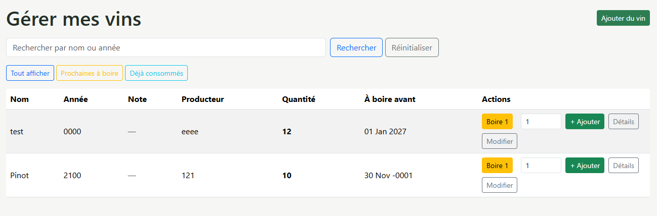 Gestion de la cave à vin : producteur, millésime, quantité et date d'apogée